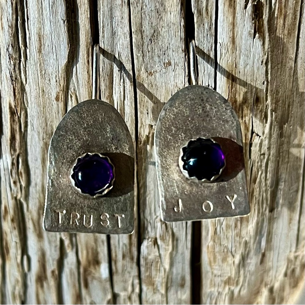 VINTAGE 90s Handmade Sterling Silver Earrings, Amethyst Stones, Soulful